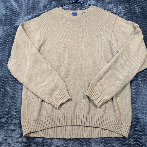 Arrow Beige Diamond-Pattern Knit Pullover Sweater Long Sleeve Mens Size Large - Picture 1 of 9